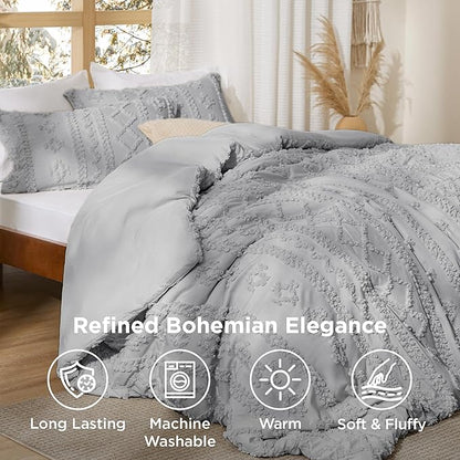 Bedsure Tufted Boho Comforter Set Twin Size - Light Grey Boho Bed Set, GentleSoft™ 2 Pieces Farmhouse Shabby Chic Embroidery Bedding, Gifts for Woman, Soft Jacquard Twin Comforter for All Seasons