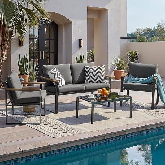 NATURAL EXPRESSIONS 4 Pieces Patio Furniture Sets,Metal Outdoor Patio Furniture Sets,Outdoor Sectional Patio Conversation Set,Wooden Anti-Scald Armrest,Sling Mesh,4" Olefin Cushions Dark Grey
