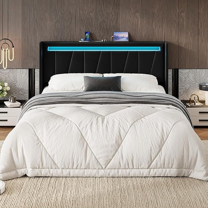SHA CERLIN Queen Bed Frame with Charging Station and LED Lights, Modern Velvet Platform Bed with Upholstered Geometric Wingback Headboard, No Box Spring Needed, Easy Assembly, Black