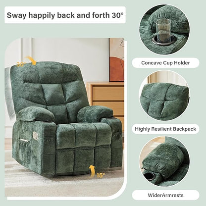 Manual Rocker Recliner Chair, 360°Swivel Recliner Chairs for Adults, Single Recliner Seat with Cup Holders,Upholstered Fabric Lazy Boy Recliner,Green