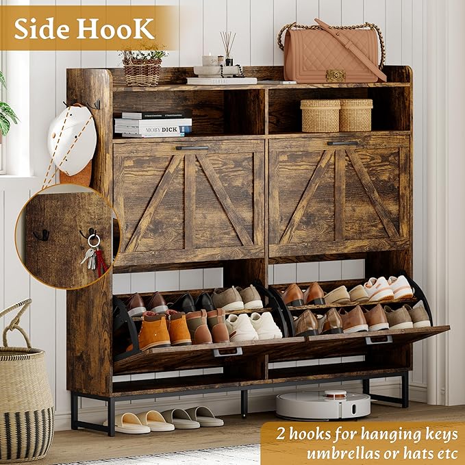 Shoe Cabinet Storage for Entryway, Shoe Storage Cabinet with 4 Flip Drawers, Freestanding Narrow Shoe Rack Organizer with Metal Legs, Adjustable Shelves & Open Storage for Foyer, Hallway, Brown