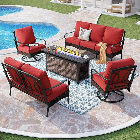 Patio Furniture Set with 56" Fire Pit Table, Premium Outdoor Wicker Metal Frame Furniture with Upgraded Waterproof Thick Cushions for Porch, Poolside, Deck, and Yard