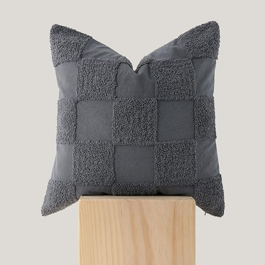 Double Stitch 100% Cotton Throw Pillow Covers - Checkered Tufted Boho Decorative Pillow Covers 20x20, Made in India, Square Cushion Case, Modern Home Decor for Couch, Sofa, Living Room, Charcoal Grey