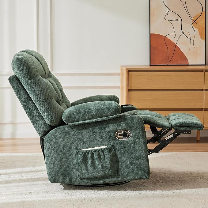 Manual Rocker Recliner Chair, 360°Swivel Recliner Chairs for Adults, Single Recliner Seat with Cup Holders,Upholstered Fabric Lazy Boy Recliner,Green
