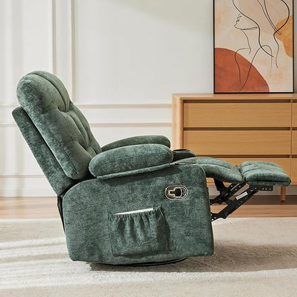 Manual Rocker Recliner Chair, 360°Swivel Recliner Chairs for Adults, Single Recliner Seat with Cup Holders,Upholstered Fabric Lazy Boy Recliner,Green