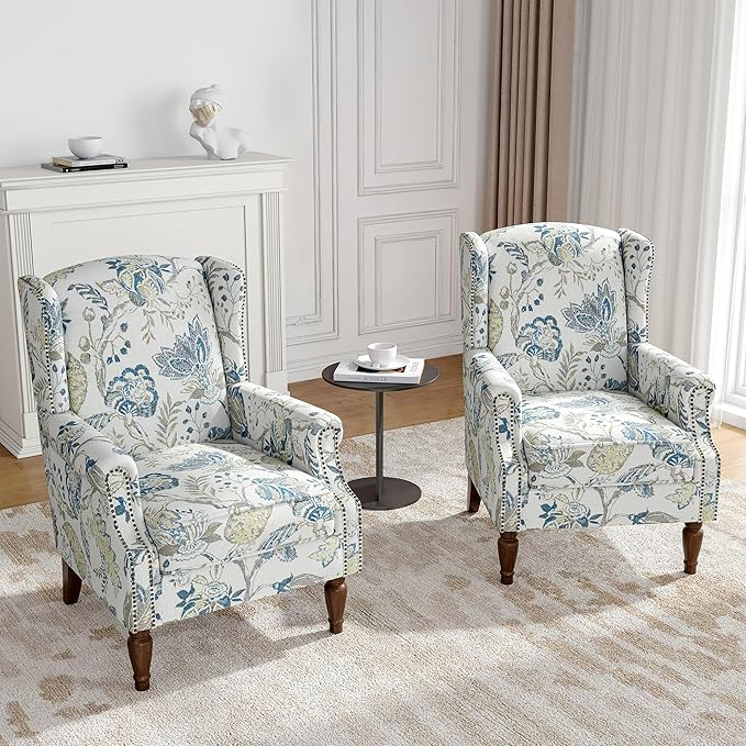 Floral Wingback Accent Chair Set of 2, High Back Upholstered Armchair, Comfy Fabric Wingback Arms Chairs with Retro Solid Wood Legs, Single Sofa Reading Chair for Bedroom Living Room, Plants Blue