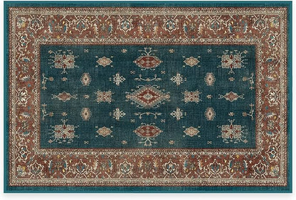 RUGGABLE Washable Vintage Area Rug – Verena Teal Blue 2x3, Stain-Resistant, Non-Slip – Small Machine Washable Rugs for Living Room, Bedroom, Hallway, Entryway & Bathroom–with Cushioned Pad