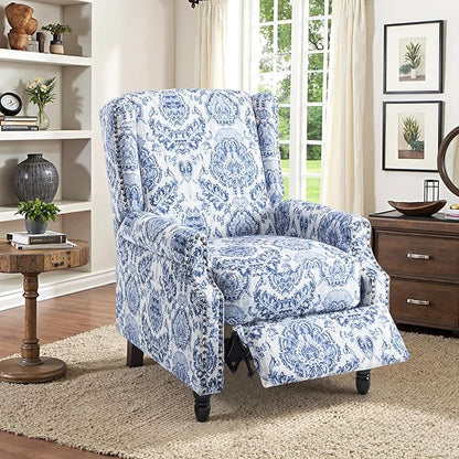 Recliner Chair, Upholstered Wingback Floral Pushback Armchair with Adjustable Backrest & Footrest, Comfy Accent Chair Reading Single Sofa for Small Spaces, Living Room, Bedroom-Navy Blue, Set of 2