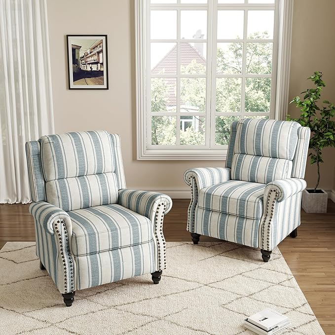 Pushback Recliner Chairs Set of 2, Comfy Fabric Wingback Recliner Chair, Upholstered Armchair Push Back Recliner with Wood Legs, Rivet Trim Accent Chair for Living Room, Bedroom, Blue Stripe