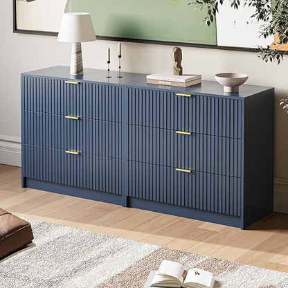 3-Piece Dresser Bedroom Set, 6 Drawer Dresser & 3 Drawer Nightstands with Gold Handles, Fluted Wood Chest of Drawers for Bedroom, Living Room, Entryway, Navy Blue