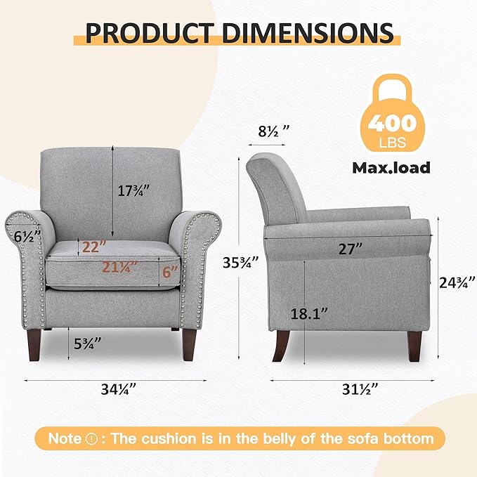 PrimeZone Comfy Accent Chair, Mid-Century Modern Fabric Living Room Chair Reading Chair with Soft Cushion, Nailhead Trim & Rolled Armrest, Arm Chair Sofa Chairs for Bedroom Waiting Room Office, Grey