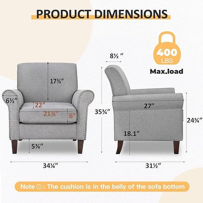 PrimeZone Comfy Accent Chair, Mid-Century Modern Fabric Living Room Chair Reading Chair with Soft Cushion, Nailhead Trim & Rolled Armrest, Arm Chair Sofa Chairs for Bedroom Waiting Room Office, Grey