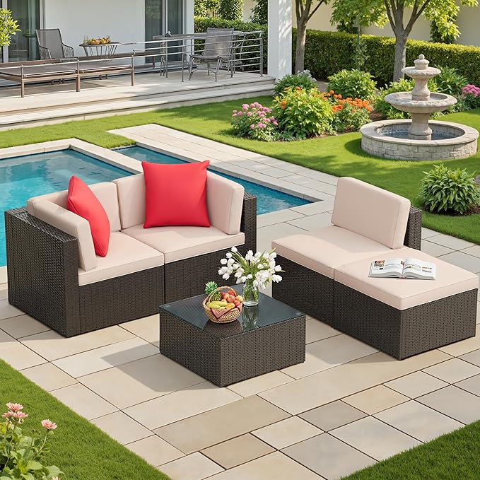 JUMMICO 5 Pieces Patio Furniture Set, Outdoor Sectional Sofa Conversation Sets, Couch Rattan Chair Wicker with Ottoman Cushion, Glass Tea Table and Pillows for Backyard Porch Garden Pool Balcony,Beige