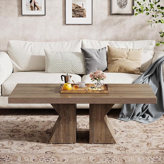 Tribesigns Wood Coffee Table, 47-Inch Rectangular Center Table with Thick Wooden Base, Farmhouse Wood-Look Cocktail Table for Living Room (Brown)