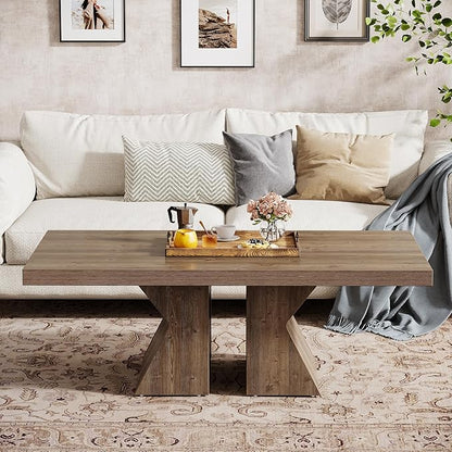 Tribesigns Wood Coffee Table, 47-Inch Rectangular Center Table with Thick Wooden Base, Farmhouse Wood-Look Cocktail Table for Living Room (Brown)