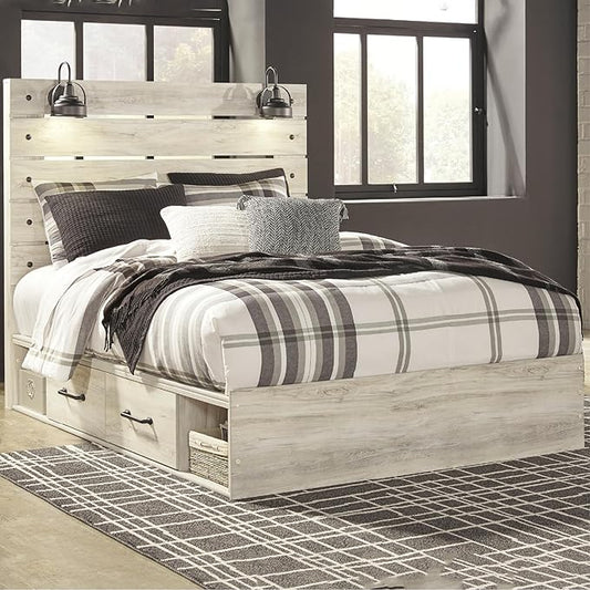 Signature Design by Ashley Cambeck Farmhouse Queen Panel Platform Bed with 4 Storage Drawers, Cubbies, Sconce Lights and USB Ports, Foundation or Box Spring Not Needed, Whitewash