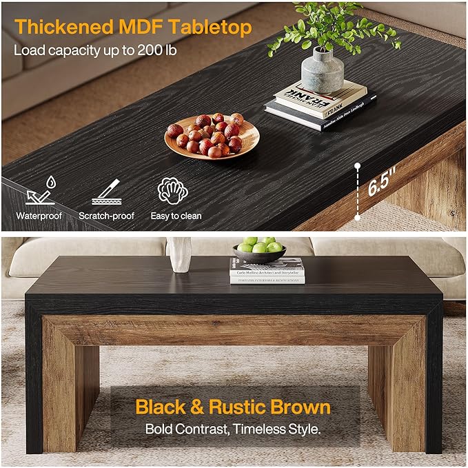 Tribesigns Farmhouse Coffee Table for Living Room, Mid-Century Modern Coffee Table with Sturdy Base, Large Rectangle Accent Center for Apartment, Easy Assembly (Black & Walnut)