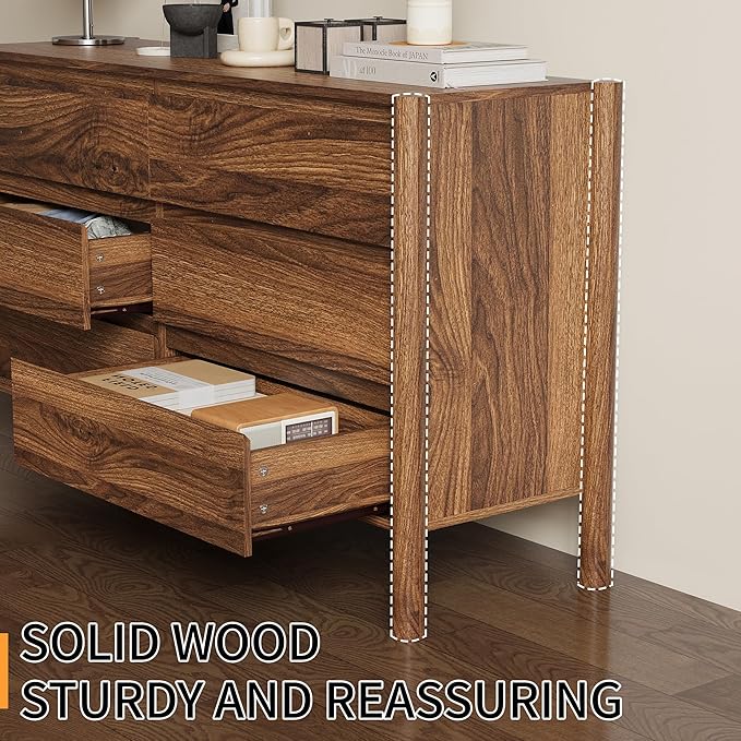 Dresser for Bedroom with 9 Drawers,63" Wide Walnut Dresser with 4 Solid Wood Legs, Wooden TV Stand,Closet Clothes Organizer for Bedroom, Hallway