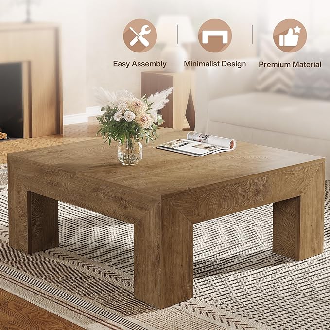 Tribesigns 39.4-Inch Square Coffee Table for Living Room, Farmhouse All MDF Center Cocktail Tea Table with Sturdy Wooden Legs, Easy Assembly, Yellow Brown