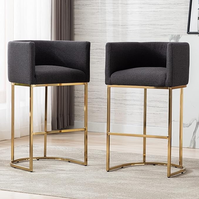 Contemporary Charcoal Linen Bar Stool, 32" Upholstered Fabric Counter Height Barstool Kitchen Counter Island Stool with Golden Metal Base