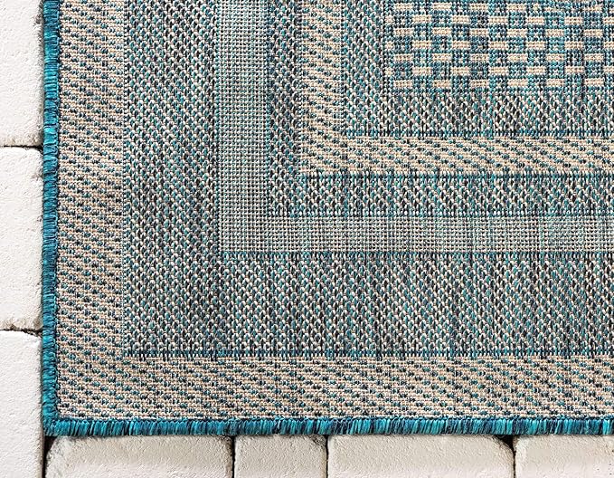 Unique Loom Outdoor Border Collection Area Rug - Soft Border (7' 1" x 10' Rectangle, Teal/ Ivory)