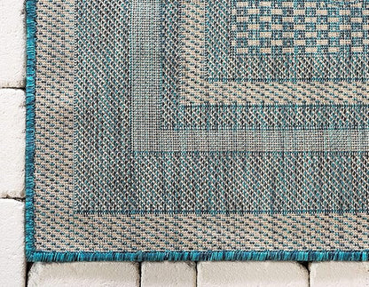 Unique Loom Outdoor Border Collection Area Rug - Soft Border (7' 1" x 10' Rectangle, Teal/ Ivory)
