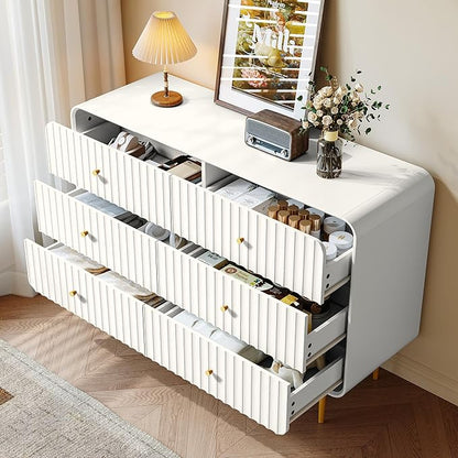 HLR White Dresser for Bedroom,48'' Wide Wood Chests of Drawers,Modern Fluted 6 Drawer Dresser with Gold Metal Handles,Clothes Deep Drawer Dressers Storage for Living Room,Hallway