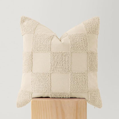 Double Stitch 100% Cotton Throw Pillow Covers - Checkered Tufted Boho Decorative Pillow Covers 20x20, Made in India, Square Cushion Case, Modern Home Decor for Couch, Sofa, Living Room, Beige