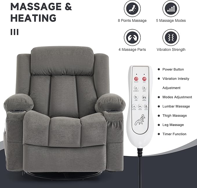 Power Swivel Rocker Recliner Chair with Heat and Massage, USB and Type-C Charging Port, Electric Glider Rocking Chairs, Oversized Recliner Chairs for Adults(Fabric, Grey)