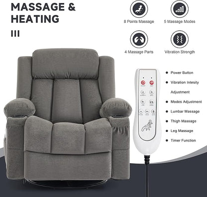 Power Swivel Rocker Recliner Chair with Heat and Massage, USB and Type-C Charging Port, Electric Glider Rocking Chairs, Oversized Recliner Chairs for Adults(Fabric, Grey)