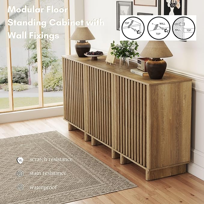 Sideboard Buffet Cabinet with Storage, Natural Freestanding Floor Cabinet Farmhouse Sideboard with 2 Fluted Doors Wooden Hallway Cabinet Media Console Table Credenza for Living Room Dining Room, 3PCS