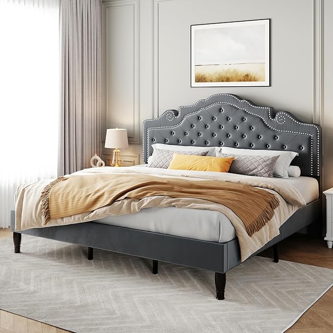 SHA CERLIN King Size Platfrom Bed Frame with Adjustable Headboard/Velvet Upholstered Diamond Button Tufted and Metal Studs/No Box Spring Needed/Easy Assembly/Woodenen Slat Support/Light Grey