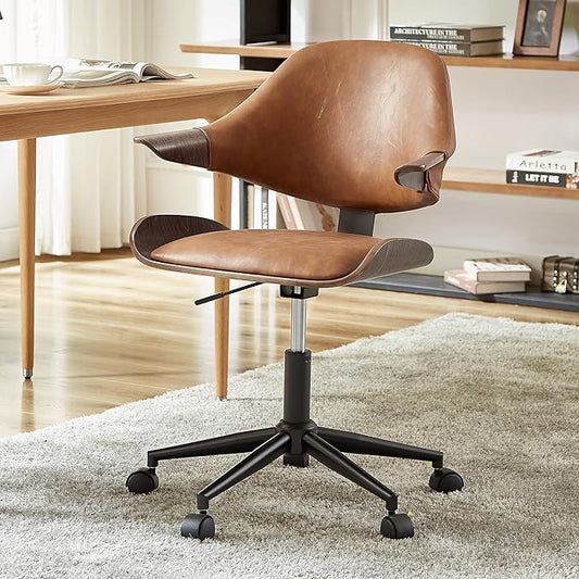 Art Leon Mid Century Desk Chair - Faux Leather Upholstered Swivel Desk Chair, Office Chair with Wheels, Adjustable Height Task Chair with Metal Base, Dark Gray Oak Bentwood, Brown