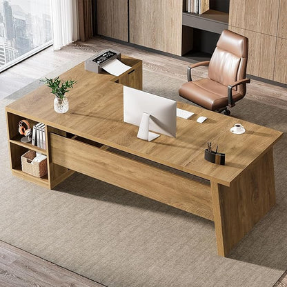 Tribesigns 78" L Shaped Desk with Drawers, Large Executive Office Desk with File Cabinet and Shelves, Modern Corner Computer Table Business Furniture for Home Office, Brown
