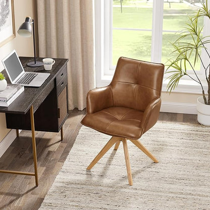 Art Leon Mid Century Swivel Chair - Genuine Leather Upholstered Desk Chair No Wheels, Accent Armchair with Oak Wood Legs for Small Space Living Room Bedroom, Set of 2, Brown