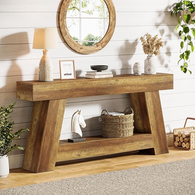 Tribesigns 70.9" Extra Long Console Table, Farmhouse 2-Tier Wooden Sofa Table, Rustic Entryway Tables with Open Storage Shelf for Entrance, Hallway, Living Room (Rustic Brown)