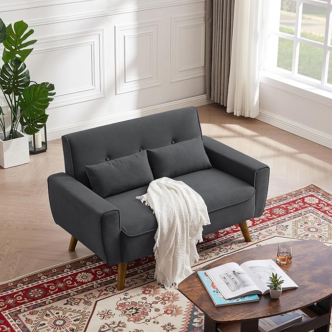 48.8" Small Loveseat Sofa, Mid Century Modern Love Seat Couch with Back Cushions and Plastic Legs, 2 Seater Couches for Living Room, Bedroom, Small Spaces, Dark Grey