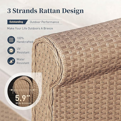 Patio Furniture Set 8 pcs, Wicker Rattan Outdoor Furniture with 5.5" Thick Waterproof Cushions, and 56" Fire Pit Table, All Weather Outdoor Conversation Set for Backyard Deck, 9 Seats Beige