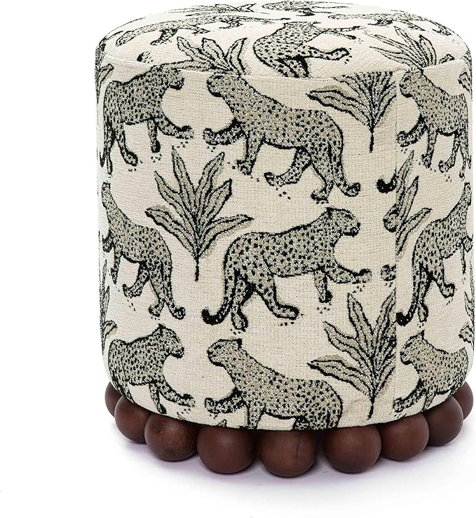 First of a Kind Ottoman Foot Rest - Cream Fabric Round Ottoman Stool with Solid Wood Spherical Orbs - 15.7" W x 15.7" D x 18.3" H - Handmade, Easy Clean, 330 lbs Weight Capacity