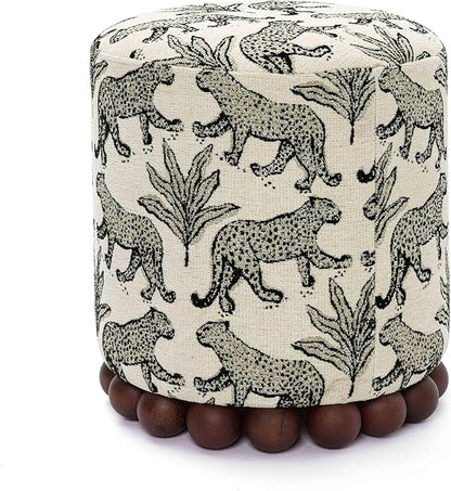 First of a Kind Ottoman Foot Rest - Cream Fabric Round Ottoman Stool with Solid Wood Spherical Orbs - 15.7" W x 15.7" D x 18.3" H - Handmade, Easy Clean, 330 lbs Weight Capacity