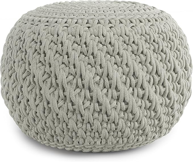SIMPLIHOME Nisi Boho Round Knitted Outdoor/ Indoor Pouf in Light Grey Recycled PET Polyester for the Living Room, Bedroom and Kids Room