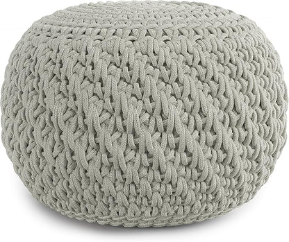 SIMPLIHOME Nisi Boho Round Knitted Outdoor/ Indoor Pouf in Light Grey Recycled PET Polyester for the Living Room, Bedroom and Kids Room