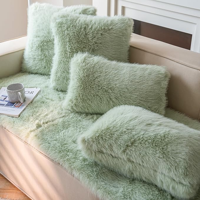 Neelvin Green Faux Fur Cozy Fluffy Double-Sided Decorative Throw Pillow Covers 18x18 inch Set of 2,Velvet Pillowcase Cushion Case for Sofa Couch