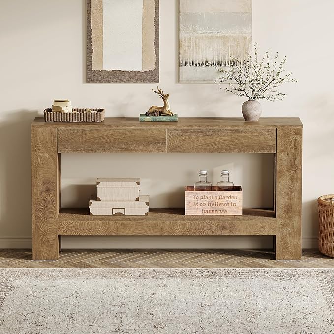 Tribesigns 63-Inch Console Table with 2 Drawers, 2-Tier Wooden Sofa Table Behind Couch, Farmhouse Entryway Console with Storage Shelf & Sturdy H-Shaped Legs for Living Room, Entrance, Hallway