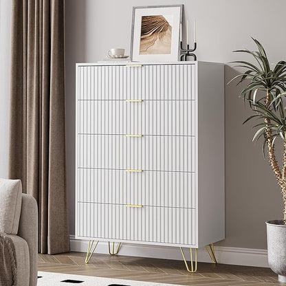 5 Drawers Dresser for Bedroom, 47" Tall Modern Chest of Drawers with Gold Handle, Fluted Wood Dresser for Bedroom, Living Room, Hallway, Entryway, White