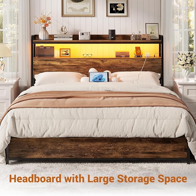 Aheaplus Headboard for Full Size Bed Frame, Headboards with Outlets, USB Ports and LED Light, Head Board with Storage, Height Adjustable, Sturdy and Stable Headboard, Full Size, Rustic Brown