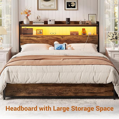 Aheaplus Headboard for Full Size Bed Frame, Headboards with Outlets, USB Ports and LED Light, Head Board with Storage, Height Adjustable, Sturdy and Stable Headboard, Full Size, Rustic Brown