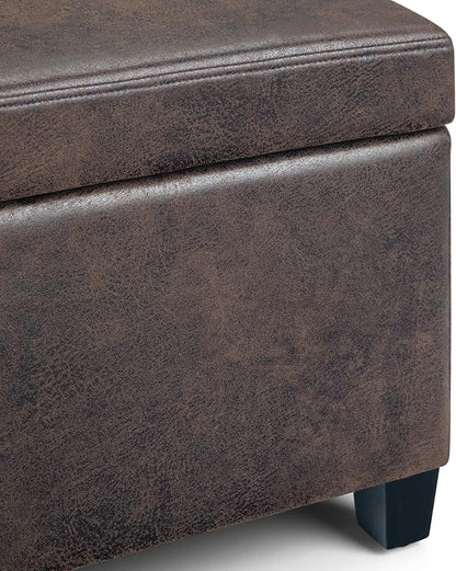 SIMPLIHOME Avalon 48 inch Wide Contemporary Rectangle Storage Ottoman Bench in Distressed Brown Vegan Faux Leather, Assembled, for the Living Room, Entryway and Family Room