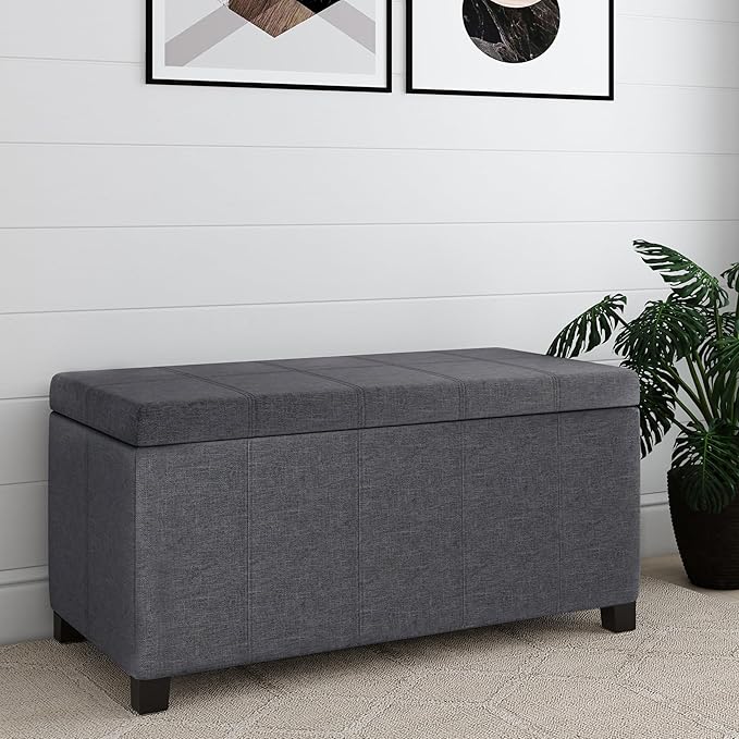 SIMPLIHOME Dover 36 inch Wide Contemporary Rectangle Storage Ottoman Bench in Slate Grey Linen Look Fabric, Assembled, for the Living Room, Entryway and Family Room