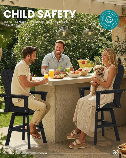 SERWALL 3-Piece Swivel Adirondack Bar Set, HDPE Swivel Bar Height Chairs Set of 2 with Bar Table, All-Weather Outdoor Barstools for Patio, Poolside, Garden, Black
